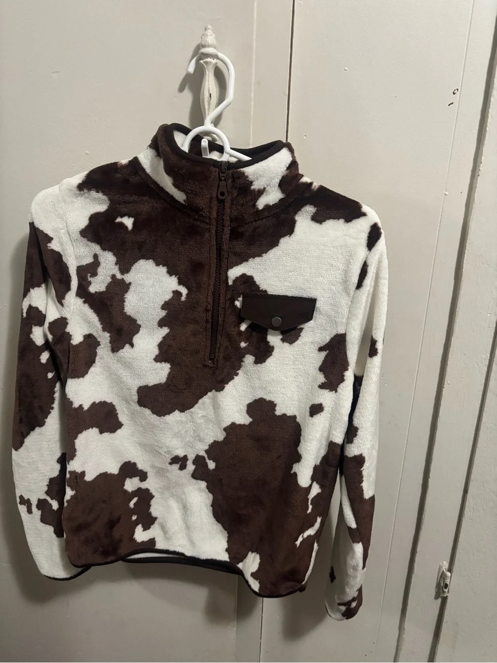 Women’s Brown and White Cow-Print Half-Zip Fleece Pullover
